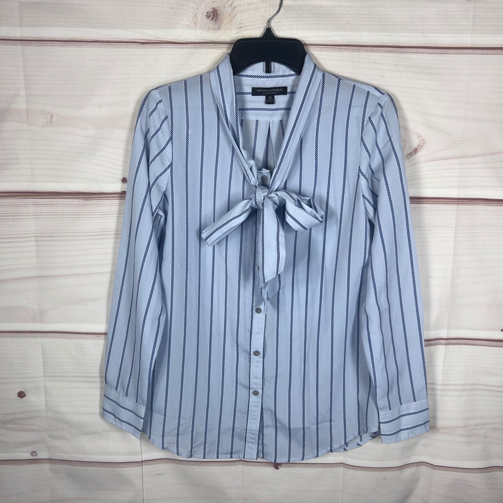 Banana Republic Dillon Shirt Women XS Blue Striped Tie Neck Long Sleeve Blouse